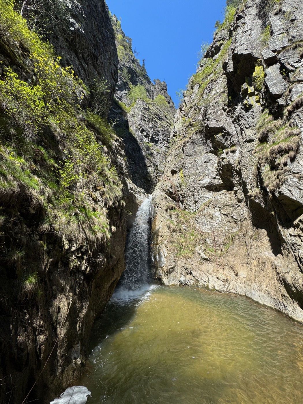 A waterfall falling into a turquoise pool between cliffs